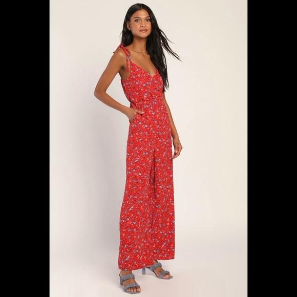 NWT LULUS Blooming Bliss Red Floral Print Tie-Strap Jumpsuit - Picture 8 of 10